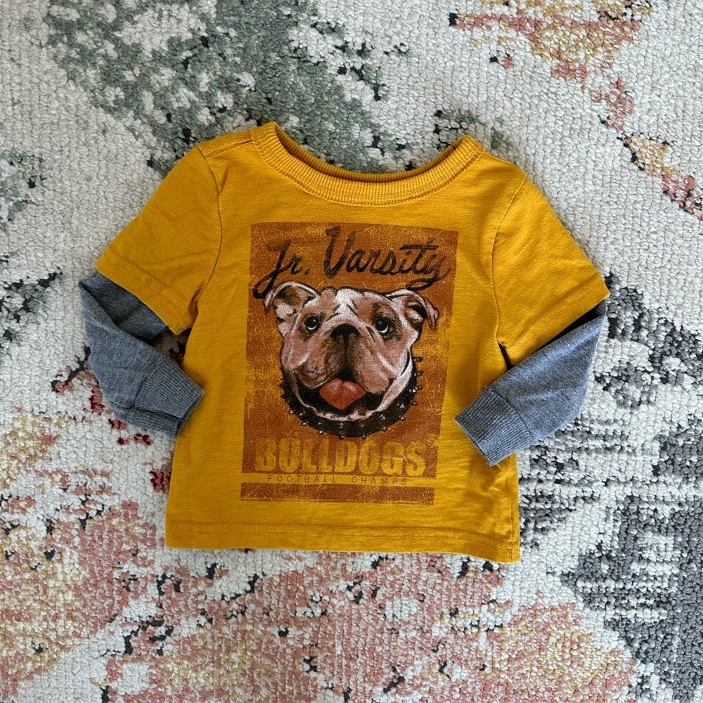 Vintage 90s Cherokee Boys Yellow Bulldog Graphic Shirt Size 12 Months Baby Boy